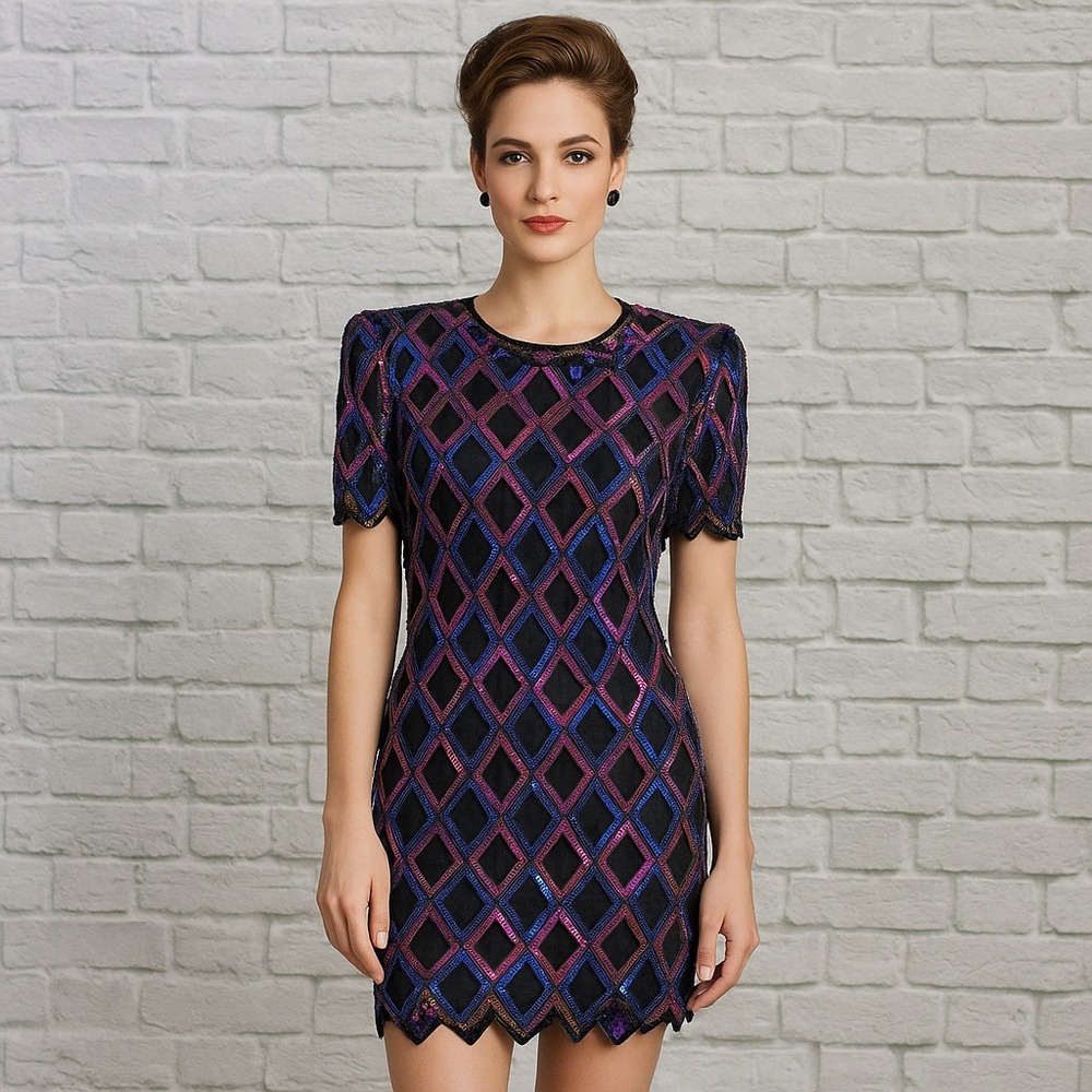 Vintage 90s Night‎ Vogue Sequin Beaded Diamond Mini Dress Drag Cocktail Clubwear